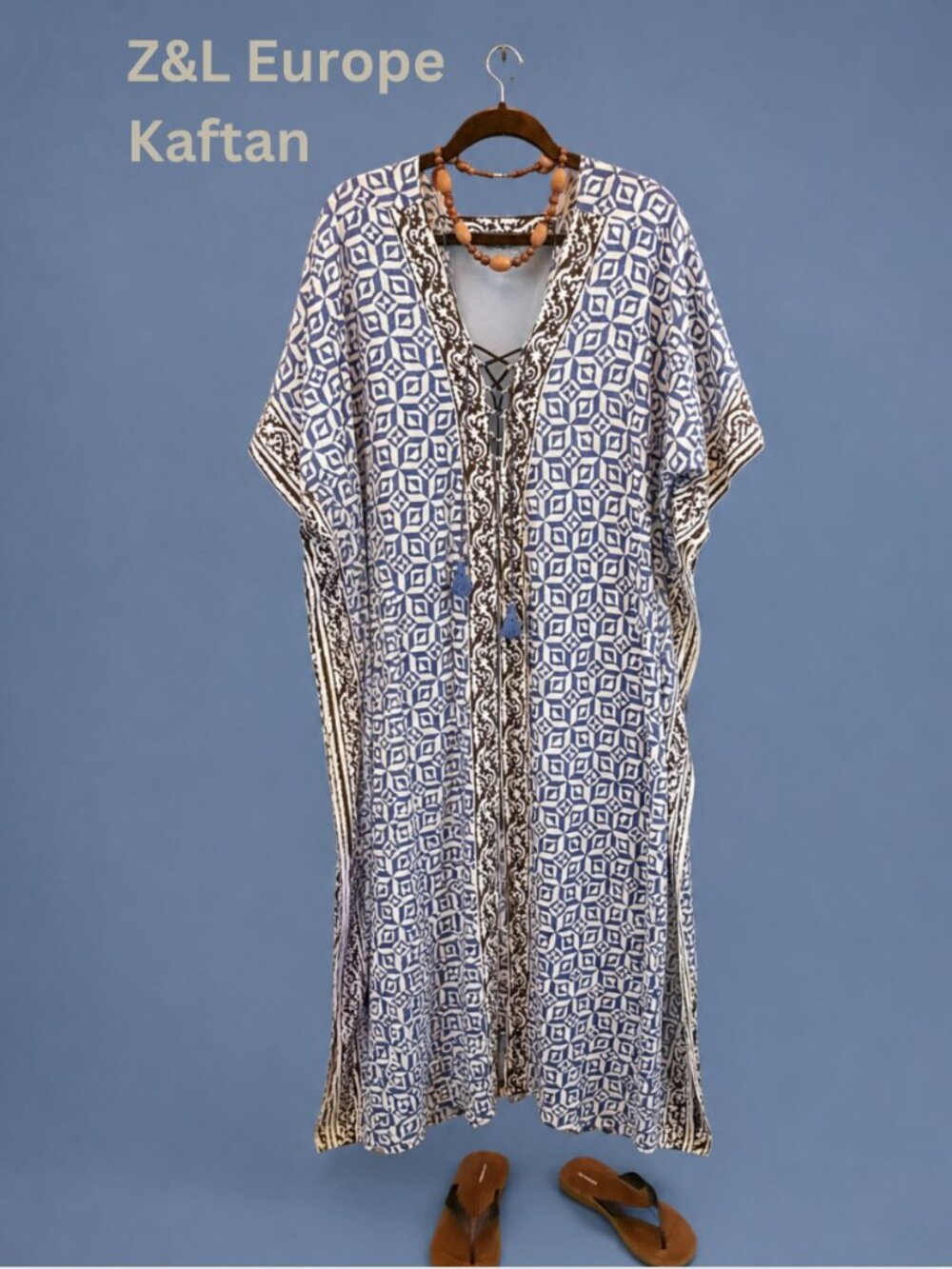 Z&L Europe Blue White Cotton Kaftan Resort Cover-Up S/M